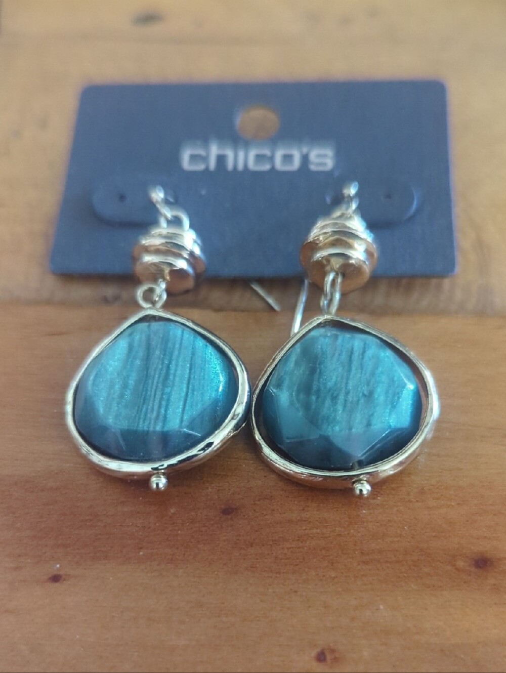 Chico's Teal Blue Faceted Glass Drop Earrings with Gold-Tone Setting